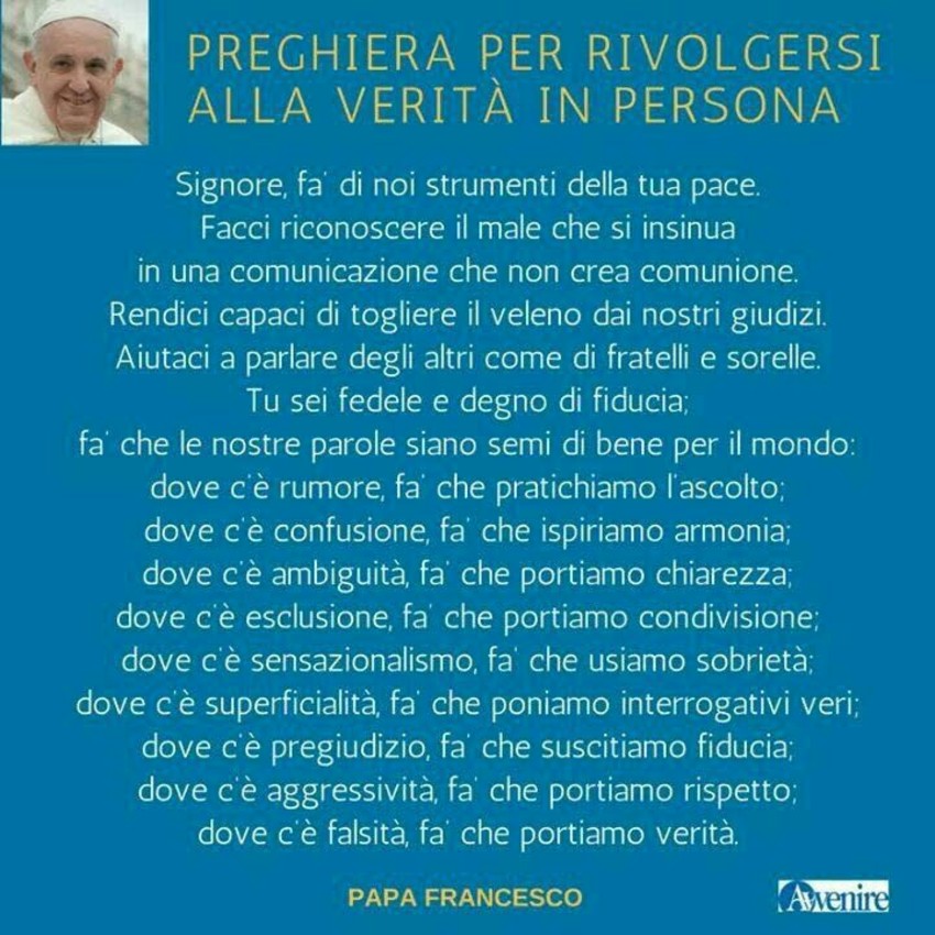 Preghiera per rivolgersi alla verità in persona Papa Francesco